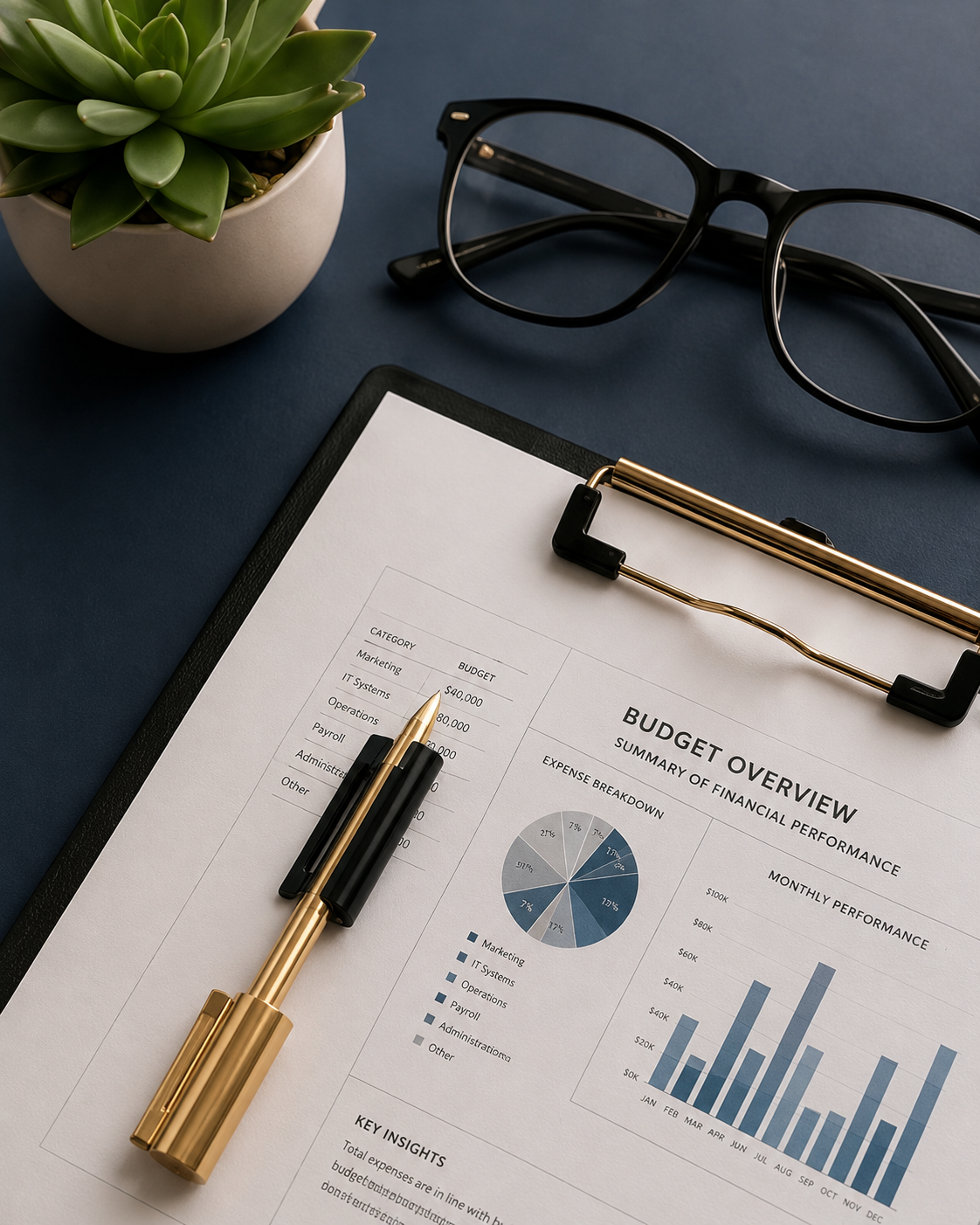 Printed budget overview report, glasses and a gold pen on a navy desk.