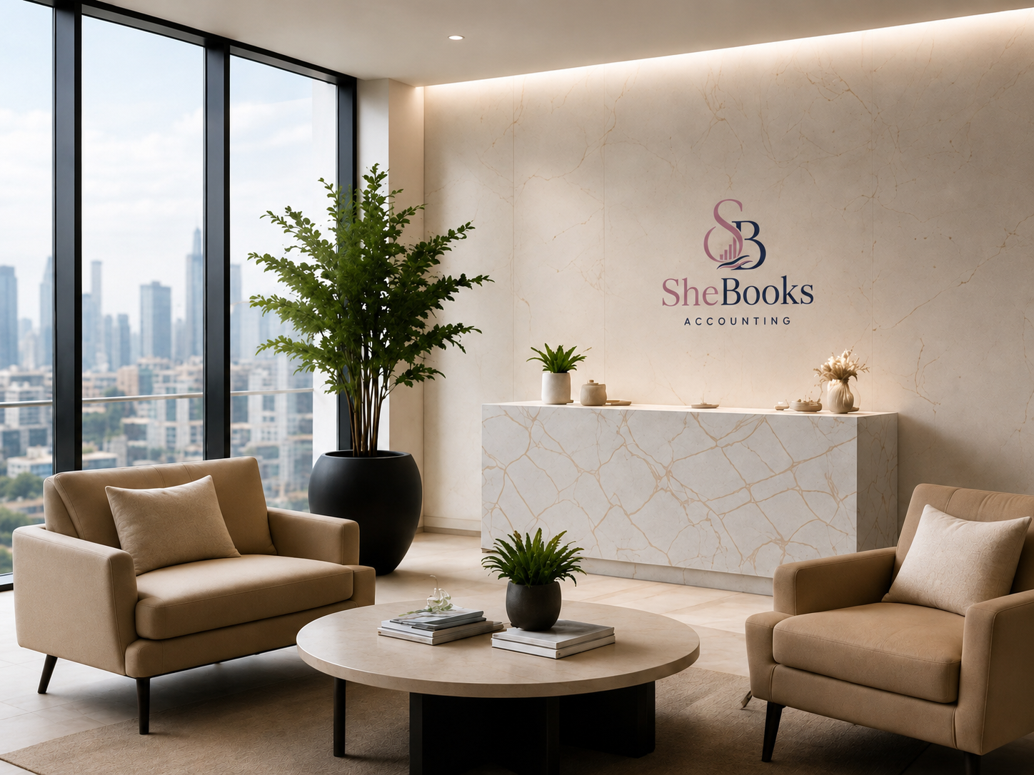 Elegant SheBooks office reception with a city view.