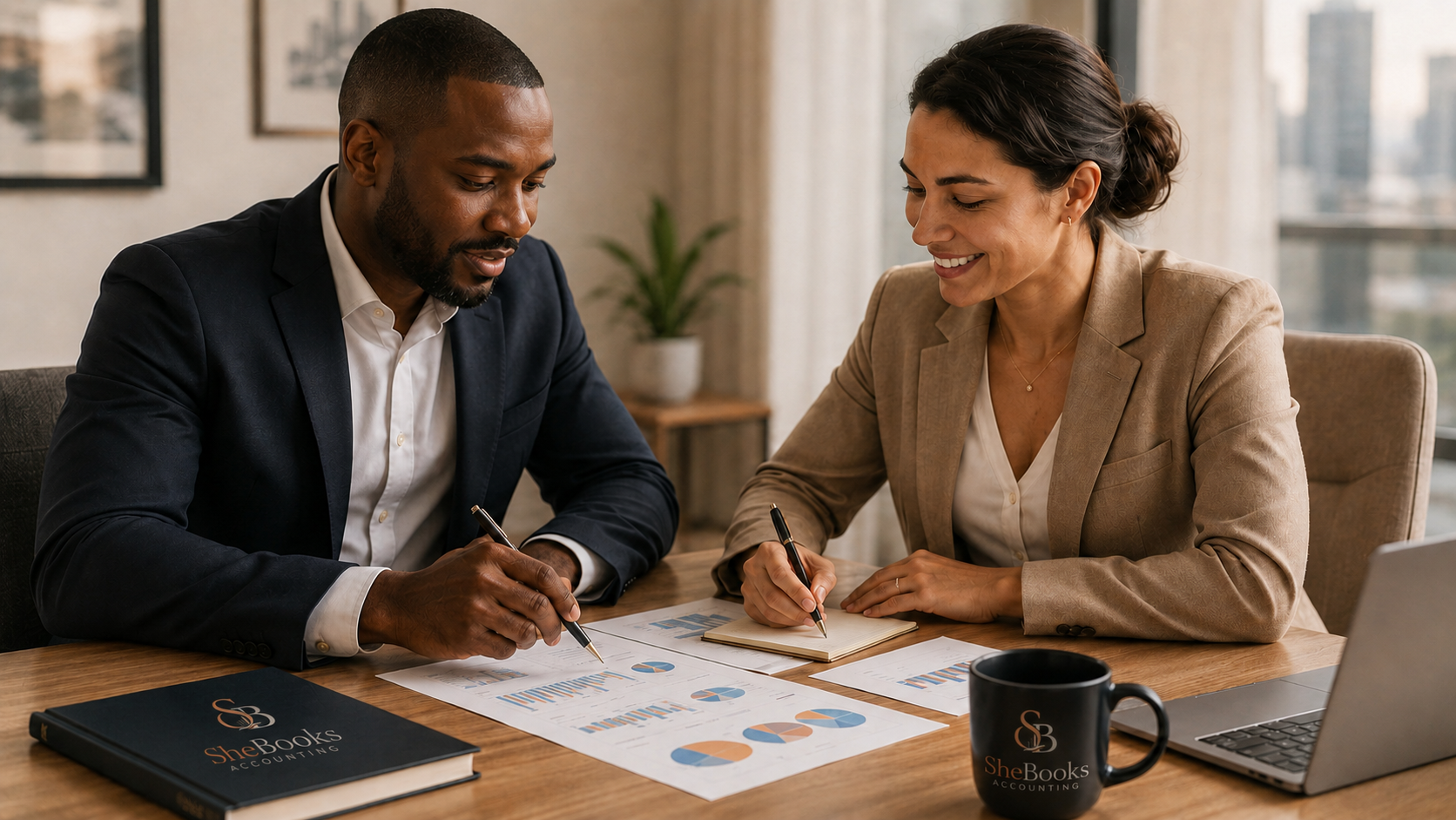 Two SheBooks advisers reviewing financial reports with a client around a table.