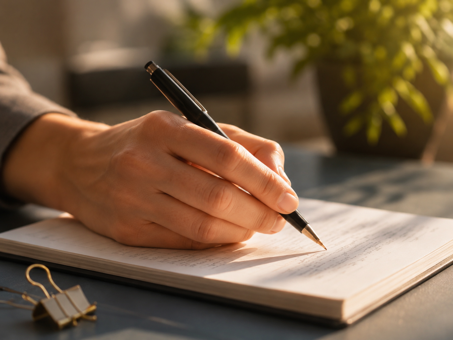 Hand writing notes in a bookkeeping ledger in soft daylight.
