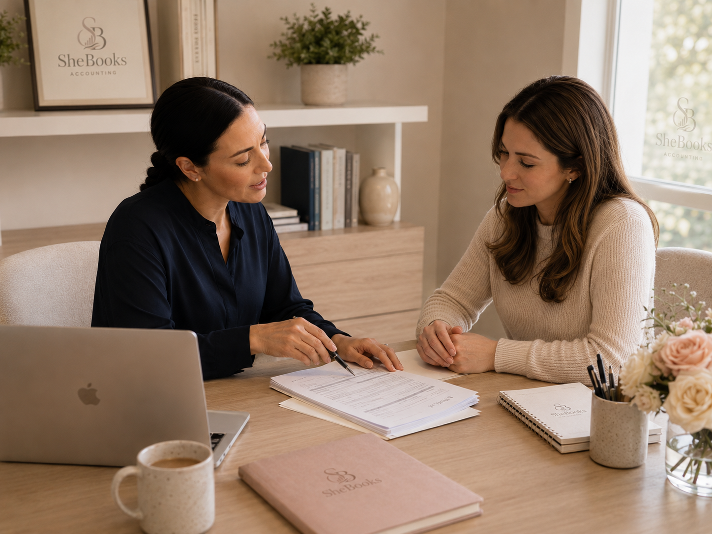 SheBooks adviser reviewing business documents with a client.
