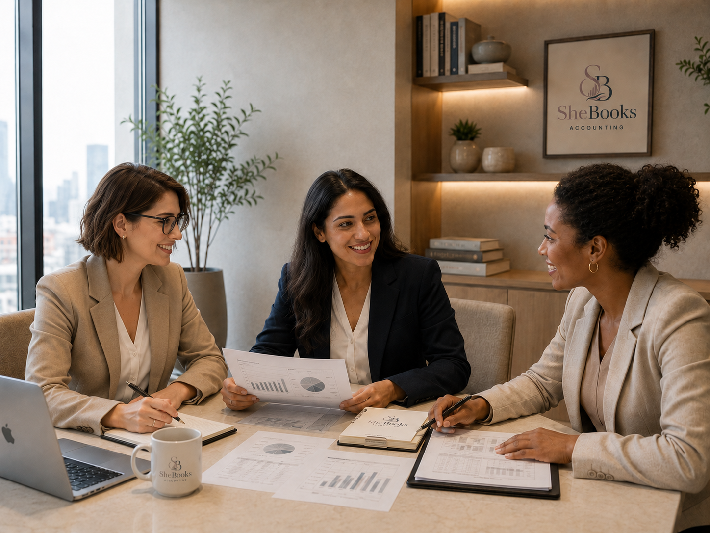 Three smiling SheBooks professionals reviewing financial reports around a table.